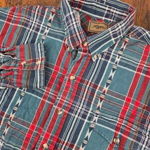 Roper Mens Large Plaid‎ Western Shirt Button Up Aztec Long Sleeve Blue Red Green
